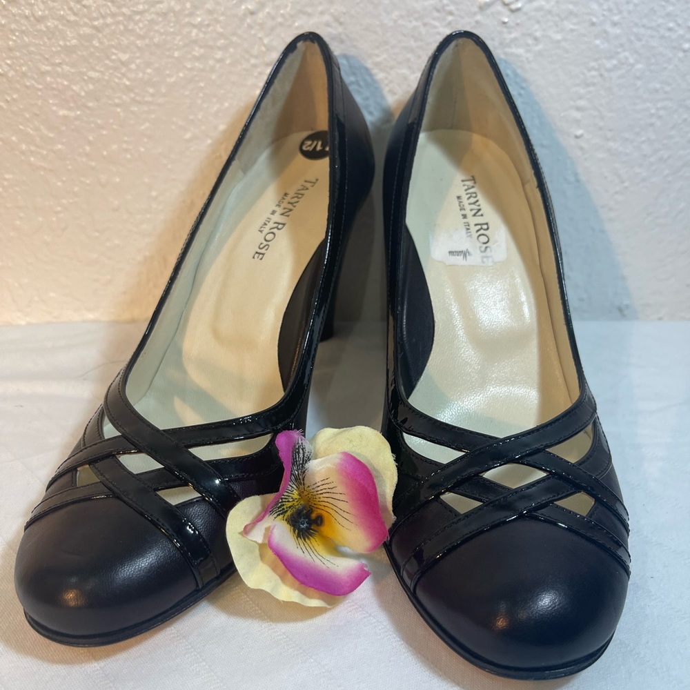 New Taryn Rose Black Leather Block Heel Pumps